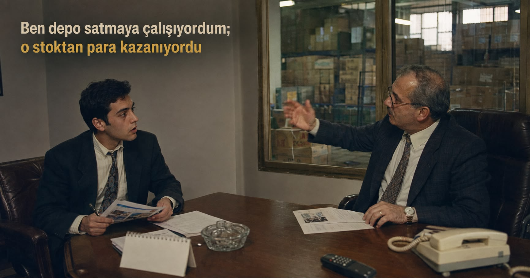 Bir depo satış görüşmesinde satışçı ile deneyimli yönetici arasındaki konuşmayı anlatan görsel